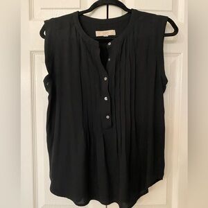 LOFT Black Sleeveless Pleated Button Front Blouse